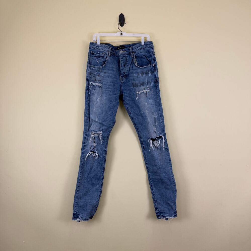 PURPLE BRAND Ripped Knee Blowout Slim Jeans Blue Distressed Denim P002 Size 34